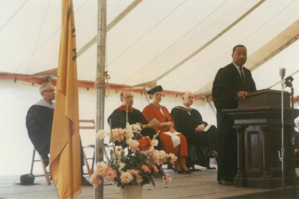Dr. Martin Luther King Jr. is shown delivering the baccalaureate address on the campus of Keuka College on June 16, 1963, in one of the only known color photographs of the event.