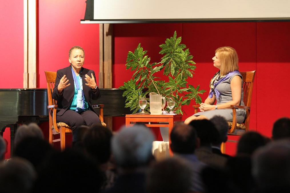 This year's Fribolin lecture with Dr. Beverly Daniel Tatum was held in a fireside chat format facilitated by Interim College President Amy Storey.
