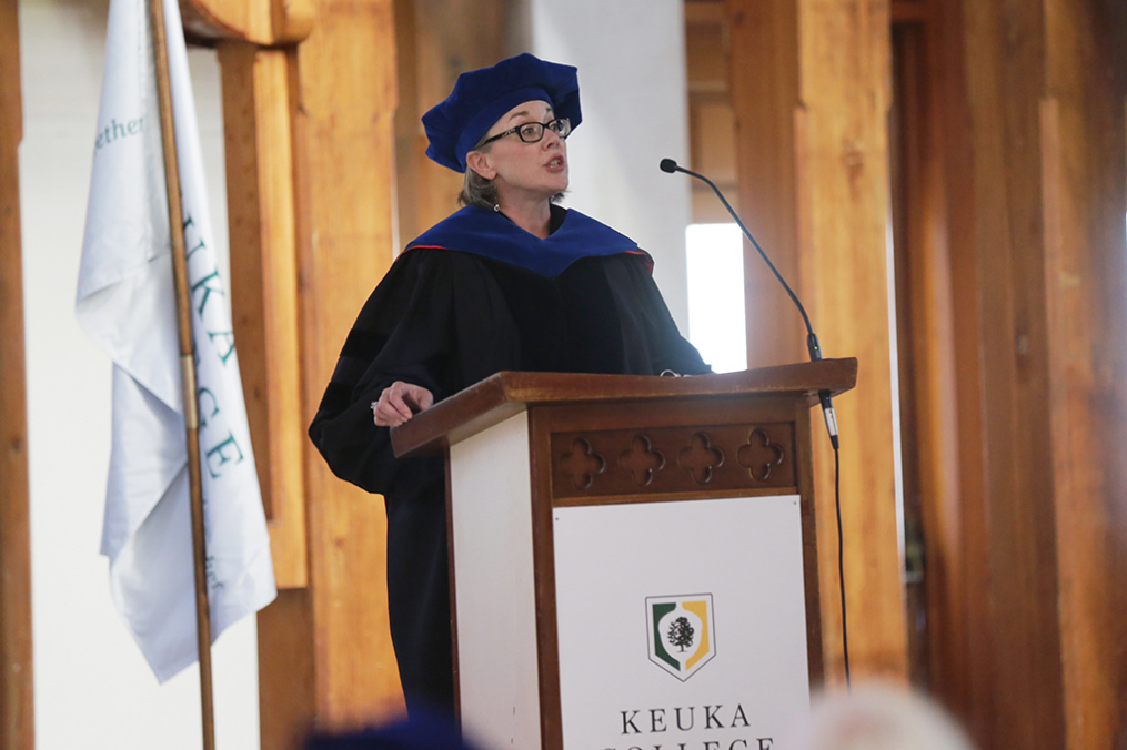 Keuka College's 2017-18 Professor of the Year Dr. Jennie Joiner gives the Academic Convocation address in August.