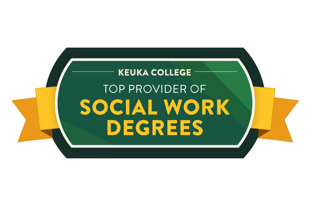 Keuka College Social Work Degree Top School badge with a green background and yellow letters
