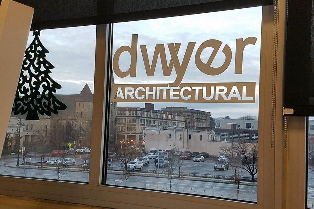 Dwyer Architectural in Rochester, N.Y. front window with logo