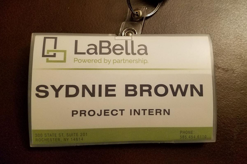 Sydnie Brown's name tag at LaBella Associates in Rochester, N.Y.