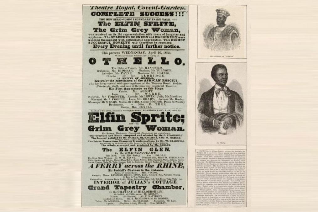 A playbill from a London theatre, April 10, 1833. Both pictures are of Ira Aldridge--the top as Othello.