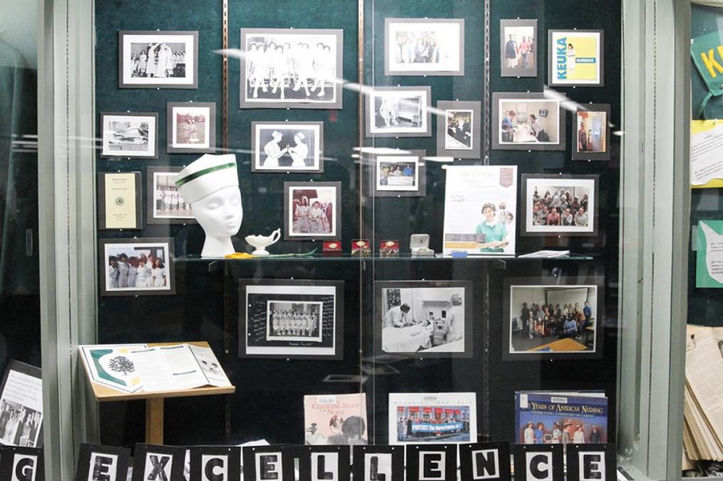 The Nursing program's 75th anniversary is the subject of ongoing commemoration, including this display at Lightner Library.