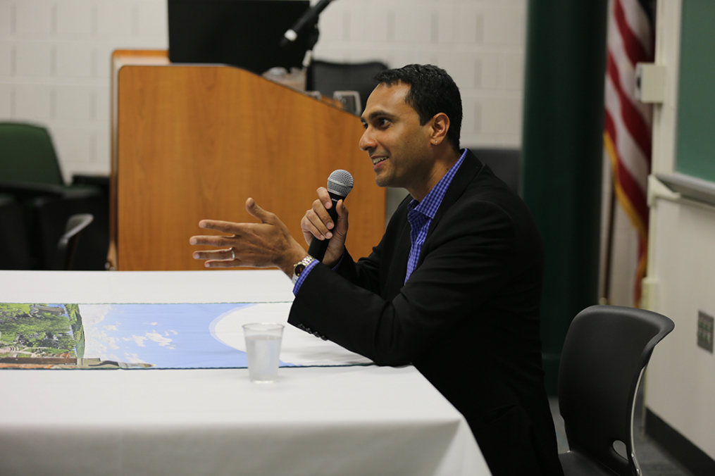 Interfaith Youth Core founder and President Eboo Patel takes questions from Keuka College students Friday, May 5, 2017, prior to delivering the 29th Annual Carl and Fanny Fribolin Lecture.