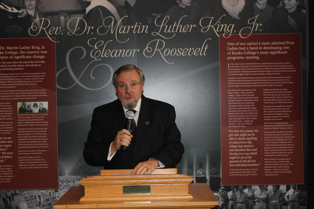 Keuka College Trustee Donald Wertman speaks at the unveiling of sculptures of Rev. Dr. Martin Luther King, Jr. and Eleanor Roosevelt at the Collge's Lightner Library on Friday, May 5, 2017. The busts were created by Keuka College Professor Emeritus of Art Dr. Dexter Benedict and commissioned by Wertman and his wife, Christine.