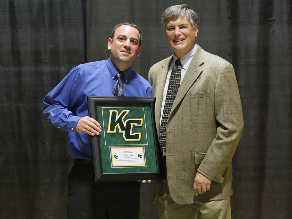 Dr. Arthur F. Kirk, Jr. Athletics Hall of Fame inductee Kurt Bastian '03, left, poses with Keuka College Athletics Director Dave Sweet at the Hall of Fame Induction & Dinner Friday night. 