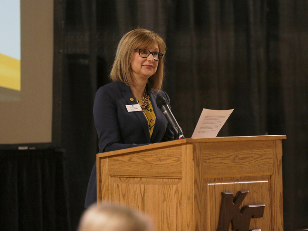 Keuka College President Amy Storey welcomes guests to the Dr. Arthur F. Kirk, Jr. Athletics Hall of Fame Induction & Dinner Friday night. 