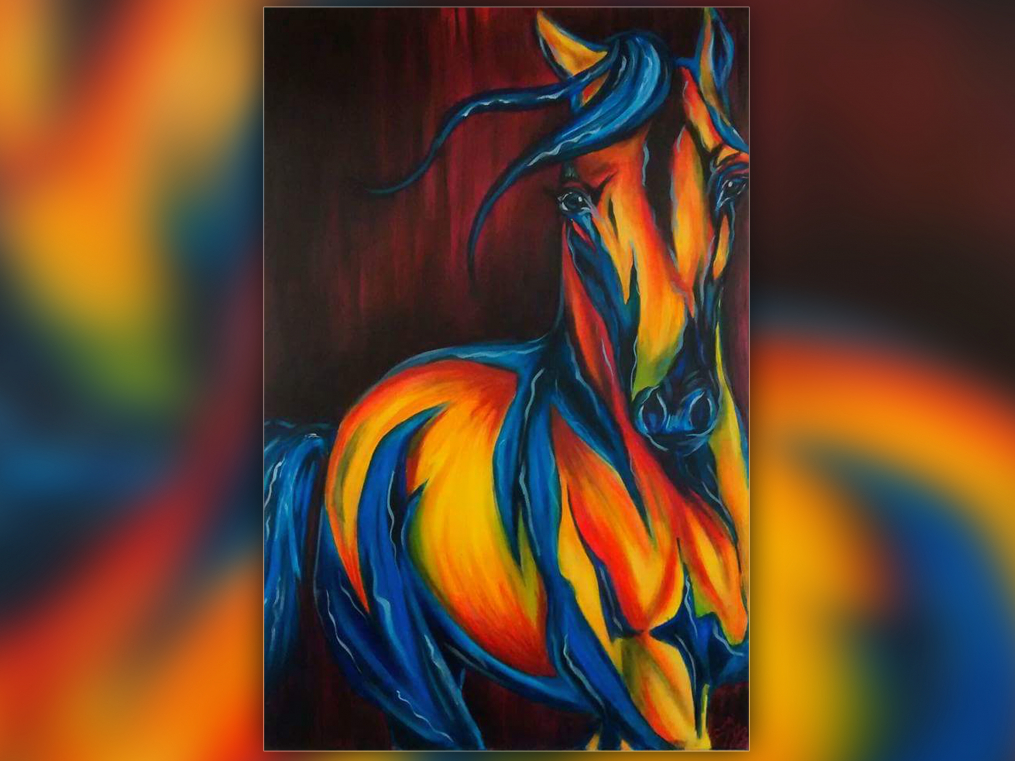 painting of a horse that is blue, yellow and orange