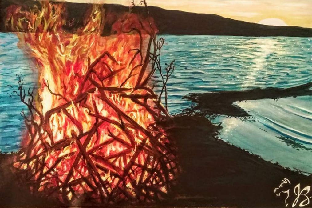 painting of a fire along the lake