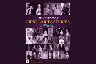 Cover of The Journal of First Ladies Studies, Inaugural Issue (2026, Vol. 1) featuring a purple background, gold title text, and a collage of historical and modern portraits of U.S. First Ladies.