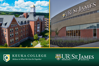 Side-by-side images show Keuka College’s red-brick campus building with a central cupola on the left and the exterior of UR Medicine St. James Hospital on the right. A green banner along the bottom displays both institutions’ logos and names, indicating a partnership between Keuka College and UR Medicine St. James Hospital.